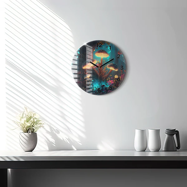 Wanduhr glas rund Wald und Zauberpilze