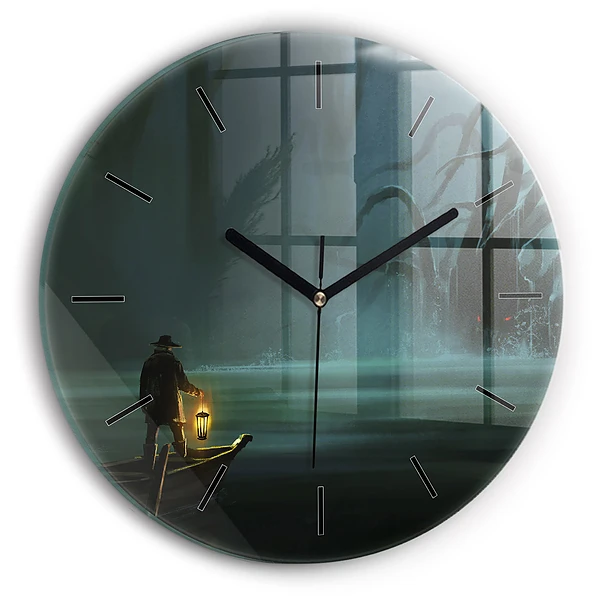 Wanduhr glas rund Mensch und Ungeheuer im Sumpf