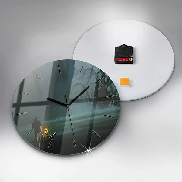 Wanduhr glas rund Mensch und Ungeheuer im Sumpf