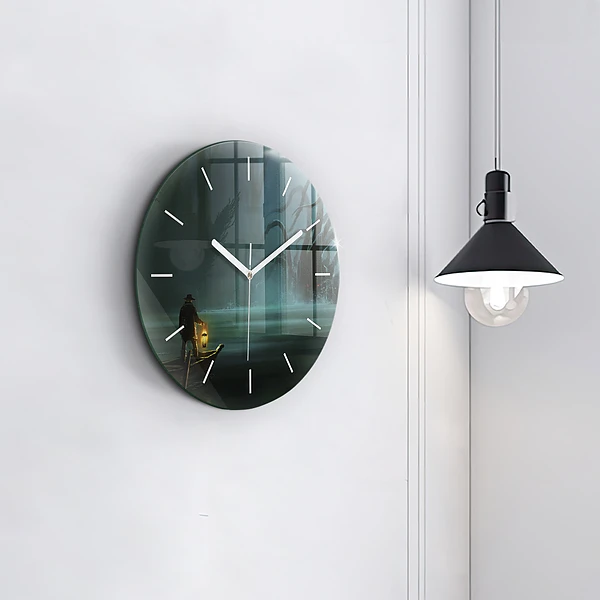 Wanduhr glas rund Mensch und Ungeheuer im Sumpf