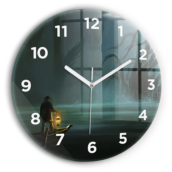 Wanduhr glas rund Mensch und Ungeheuer im Sumpf