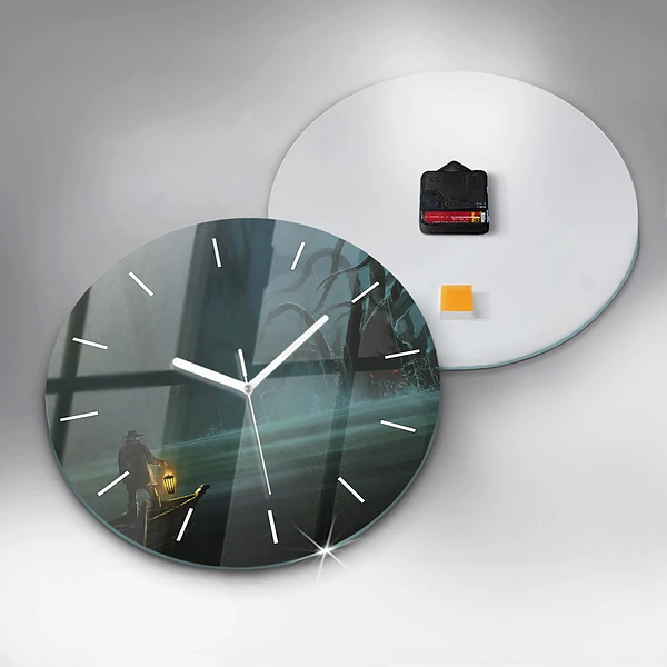 Wanduhr glas rund Mensch und Ungeheuer im Sumpf