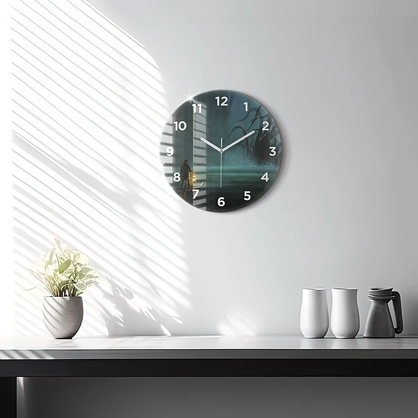 Wanduhr glas rund Mensch und Ungeheuer im Sumpf