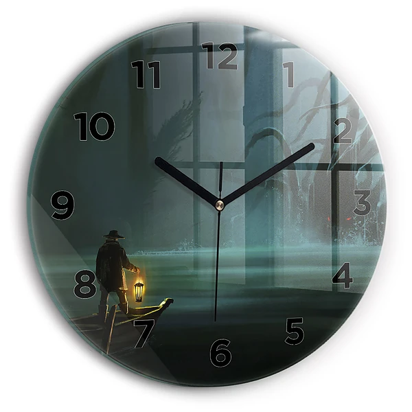 Wanduhr glas rund Mensch und Ungeheuer im Sumpf