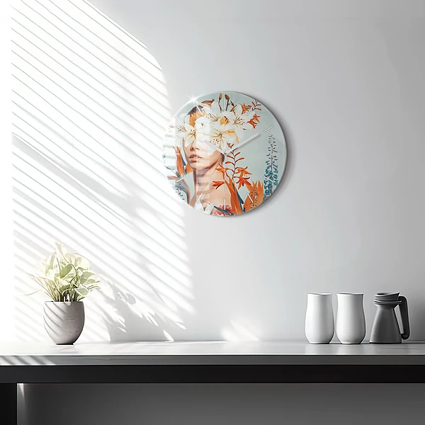 Wanduhr glas rund Frau mit Blumen