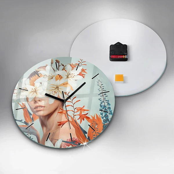 Wanduhr glas rund Frau mit Blumen