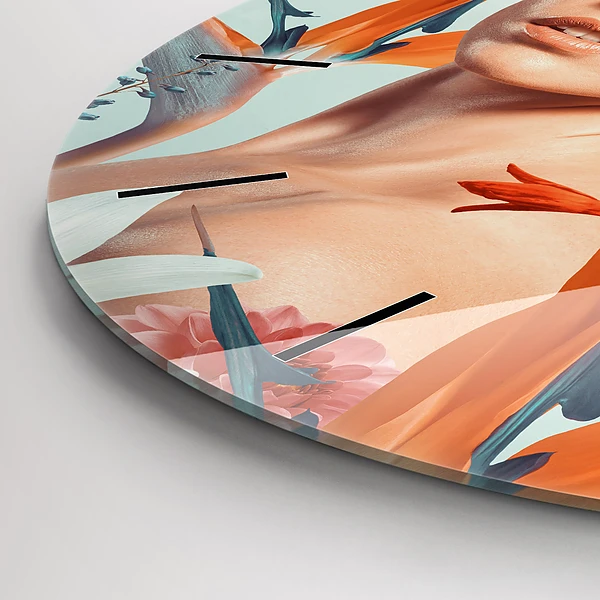 Wanduhr glas rund Frau mit Blumen