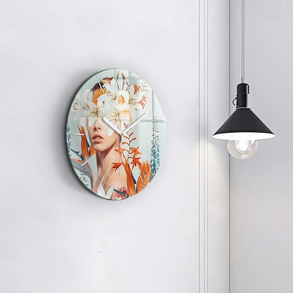 Wanduhr glas rund Frau mit Blumen