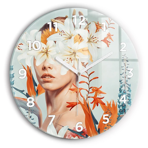 Wanduhr glas rund Frau mit Blumen