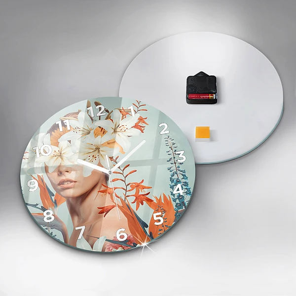 Wanduhr glas rund Frau mit Blumen