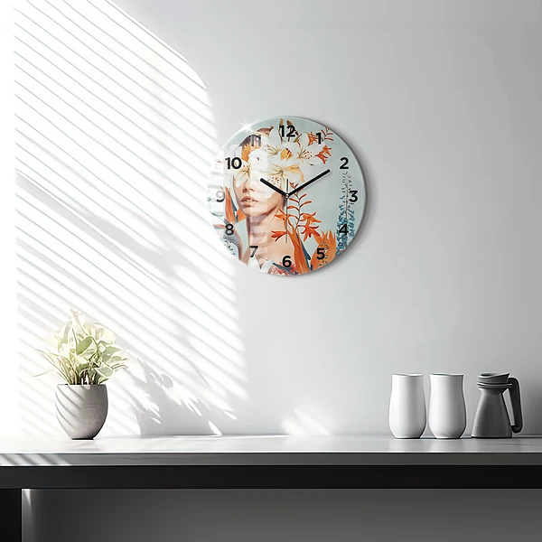 Wanduhr glas rund Frau mit Blumen
