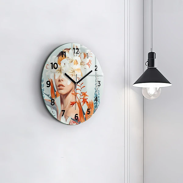 Wanduhr glas rund Frau mit Blumen