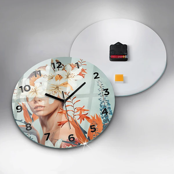 Wanduhr glas rund Frau mit Blumen