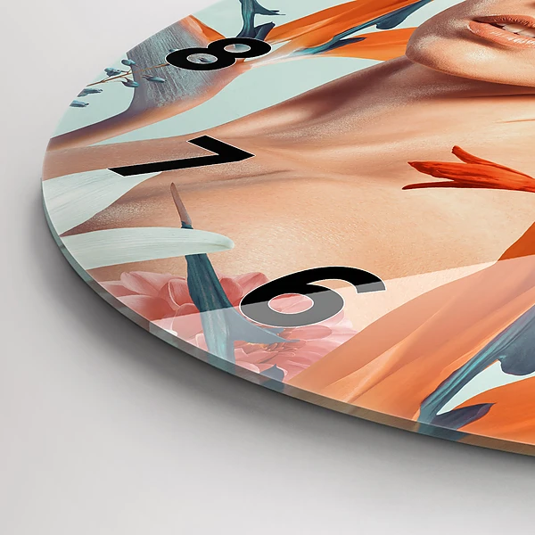 Wanduhr glas rund Frau mit Blumen