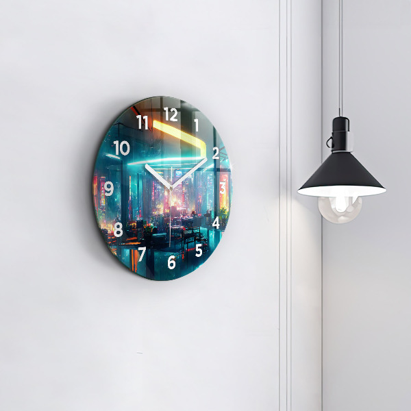 Wanduhr glas rund Stadt im Cyberpunk-Stil
