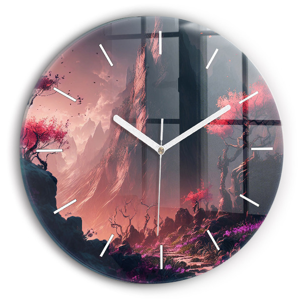 Wanduhr glas rund Magischer Wald und Gebirge