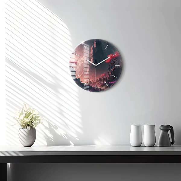 Wanduhr glas rund Magischer Wald und Gebirge