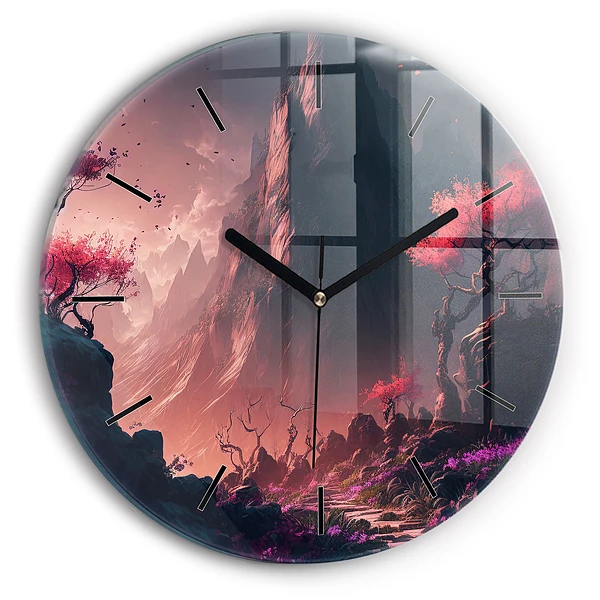 Wanduhr glas rund Magischer Wald und Gebirge