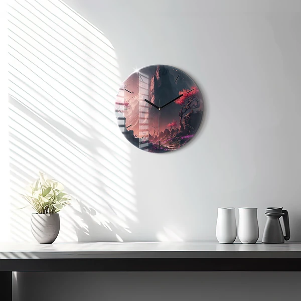 Wanduhr glas rund Magischer Wald und Gebirge