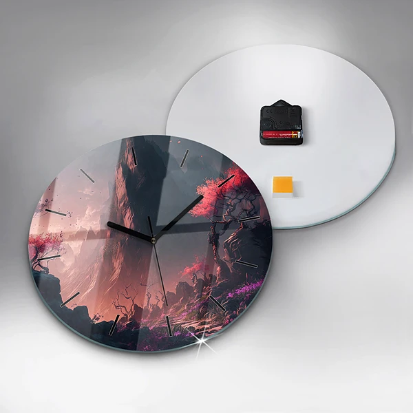 Wanduhr glas rund Magischer Wald und Gebirge