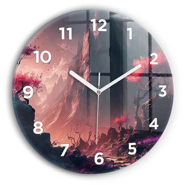 Wanduhr glas rund Magischer Wald und Gebirge