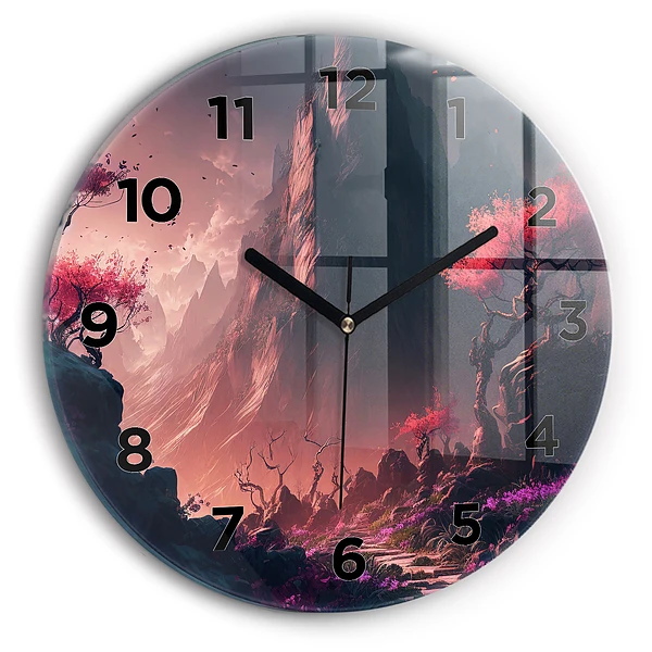 Wanduhr glas rund Magischer Wald und Gebirge