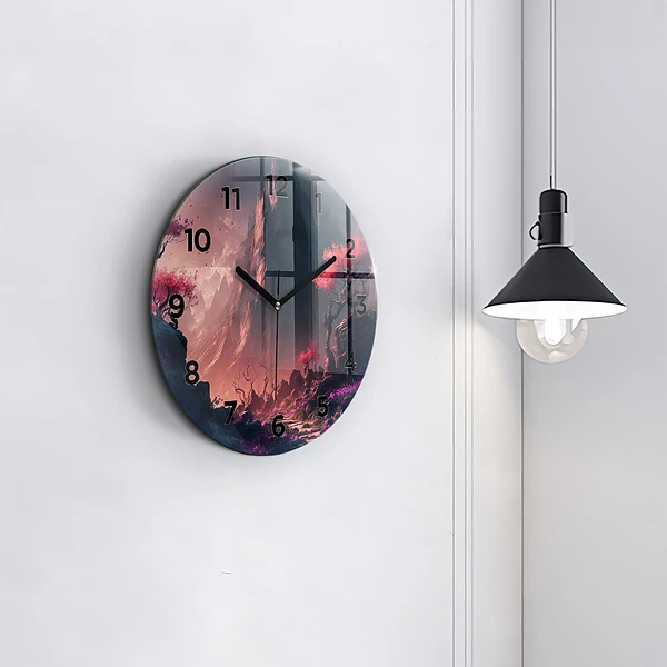 Wanduhr glas rund Magischer Wald und Gebirge