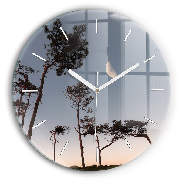 Wanduhr glas rund Mondsichel und Bäume