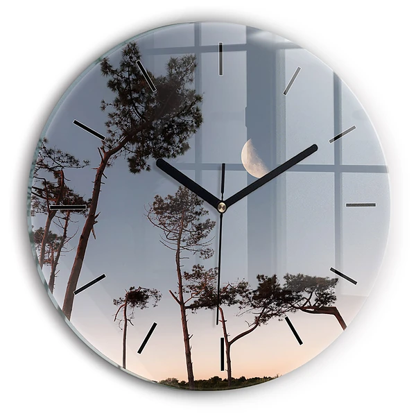 Wanduhr glas rund Mondsichel und Bäume