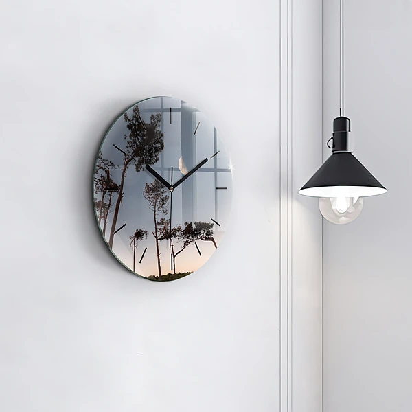 Wanduhr glas rund Mondsichel und Bäume