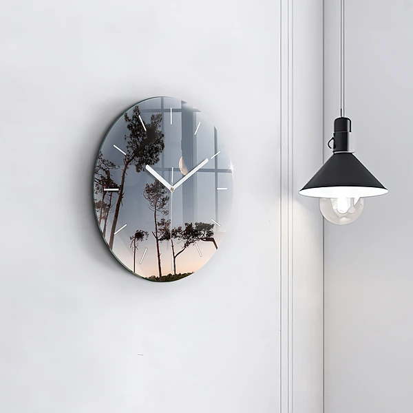 Wanduhr glas rund Mondsichel und Bäume