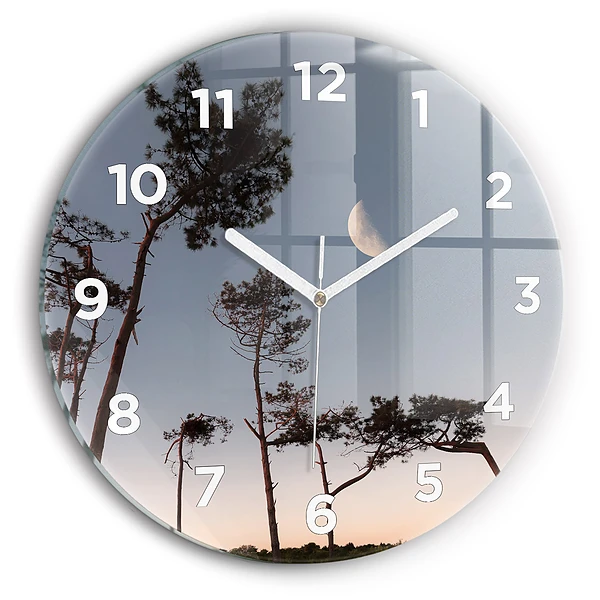 Wanduhr glas rund Mondsichel und Bäume