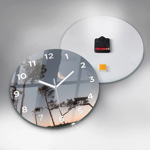 Wanduhr glas rund Mondsichel und Bäume