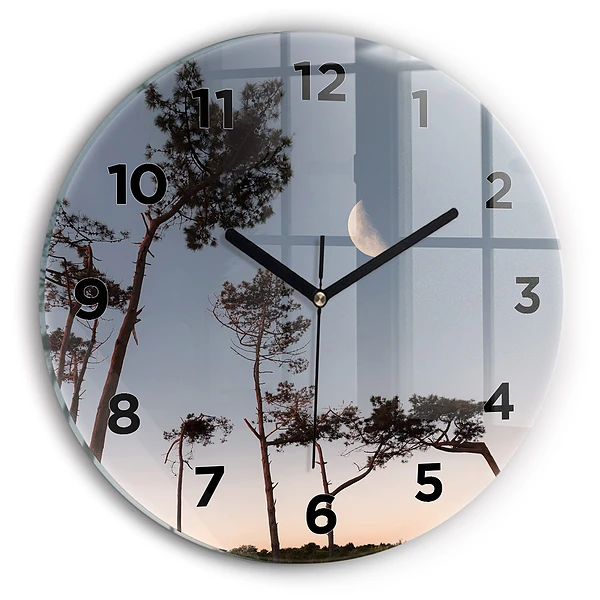 Wanduhr glas rund Mondsichel und Bäume