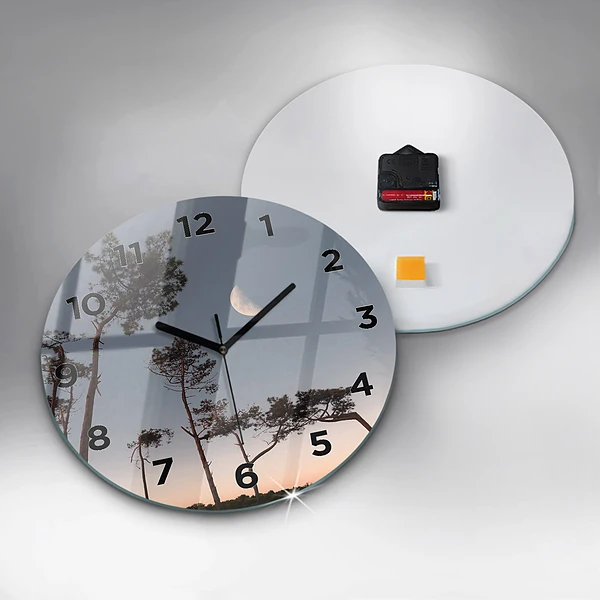 Wanduhr glas rund Mondsichel und Bäume