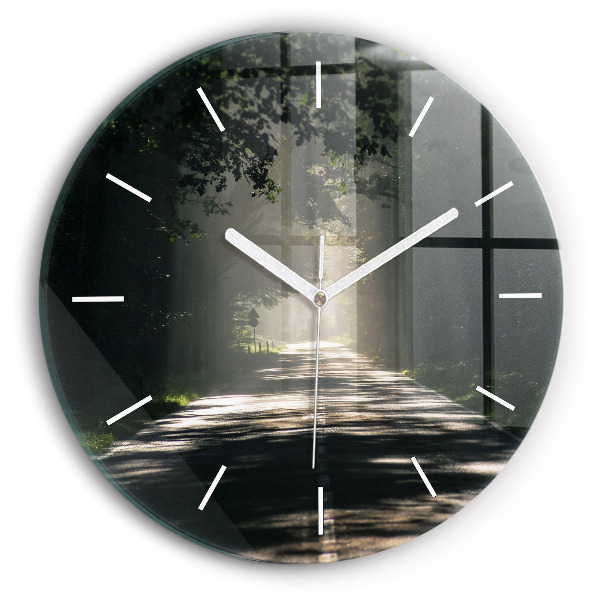 Wanduhr rund mit motiv Waldweg und Sonnenschlieren