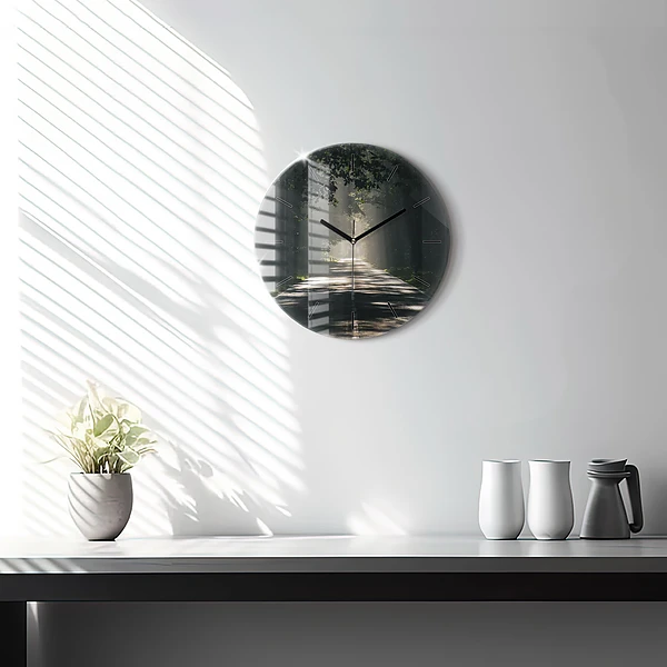 Wanduhr rund mit motiv Waldweg und Sonnenschlieren
