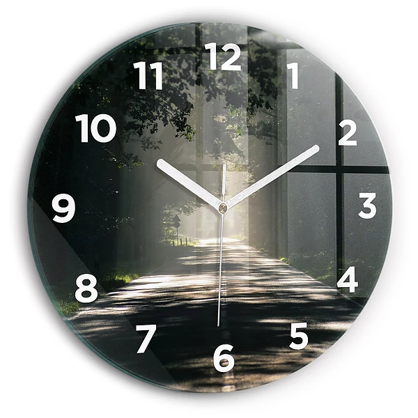 Wanduhr rund mit motiv Waldweg und Sonnenschlieren