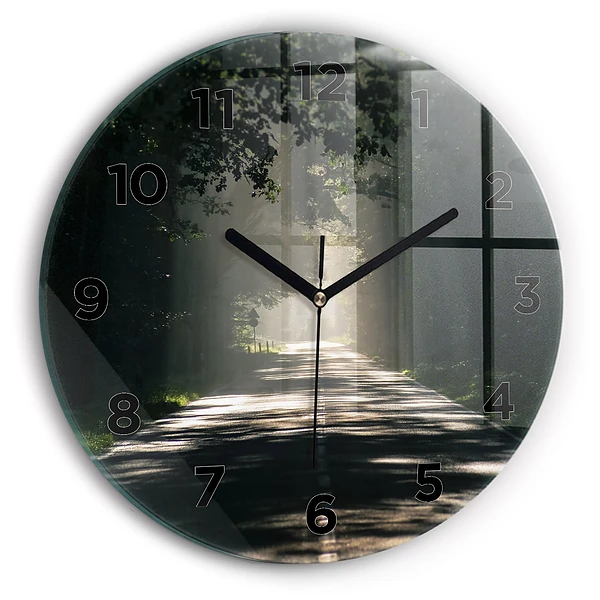 Wanduhr rund mit motiv Waldweg und Sonnenschlieren
