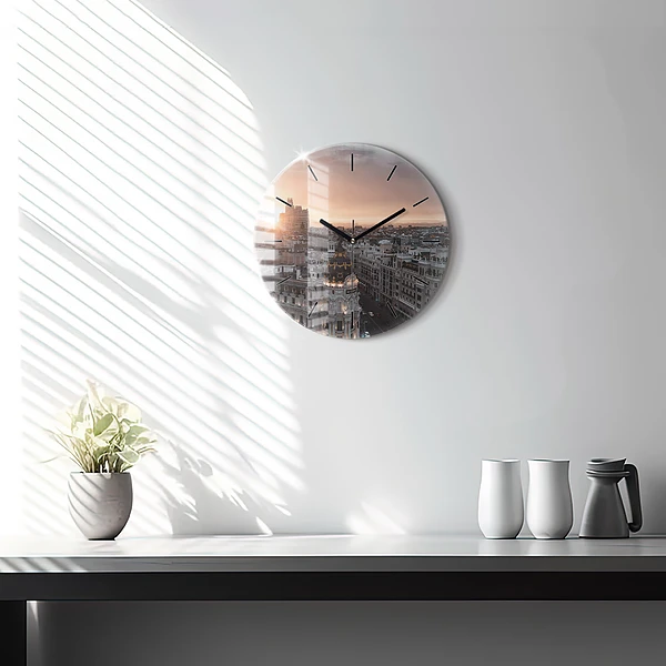 Wanduhr rund mit motiv Städte bei Sonnenuntergang