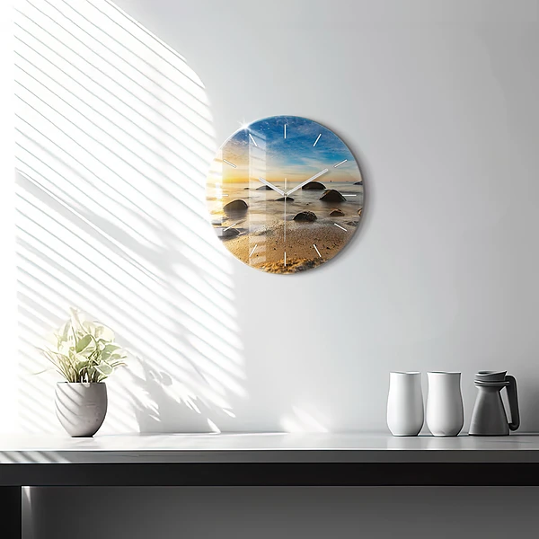 Wanduhr glas rund Sonnenaufgang an der Ostsee