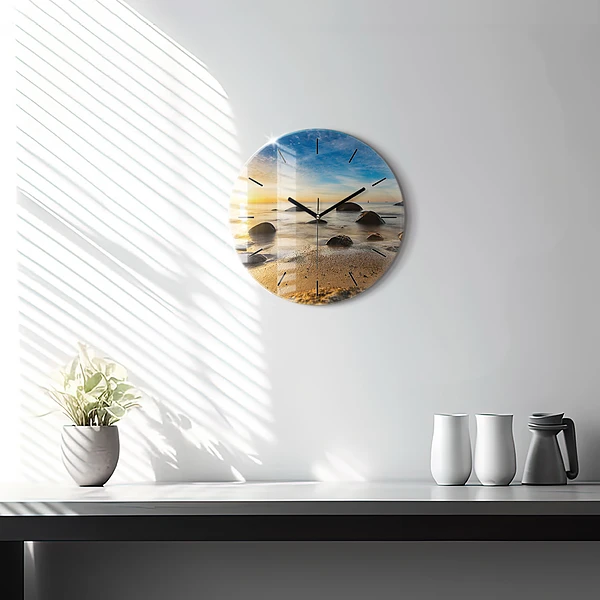 Wanduhr glas rund Sonnenaufgang an der Ostsee