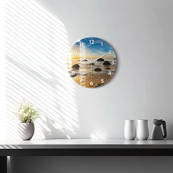 Wanduhr glas rund Sonnenaufgang an der Ostsee