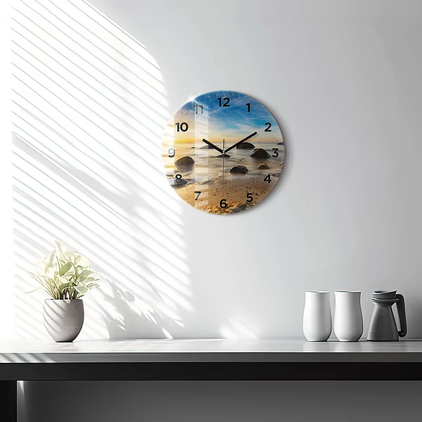 Wanduhr glas rund Sonnenaufgang an der Ostsee