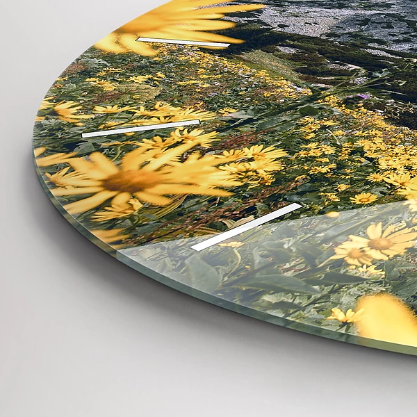 Wanduhr rund Blumenwiese in den Bergen