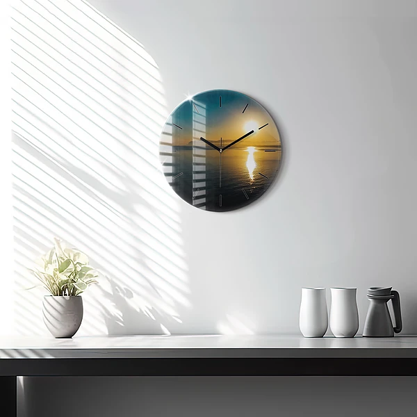 Wanduhr rund mit motiv Landschaft bei Sonnenaufgang