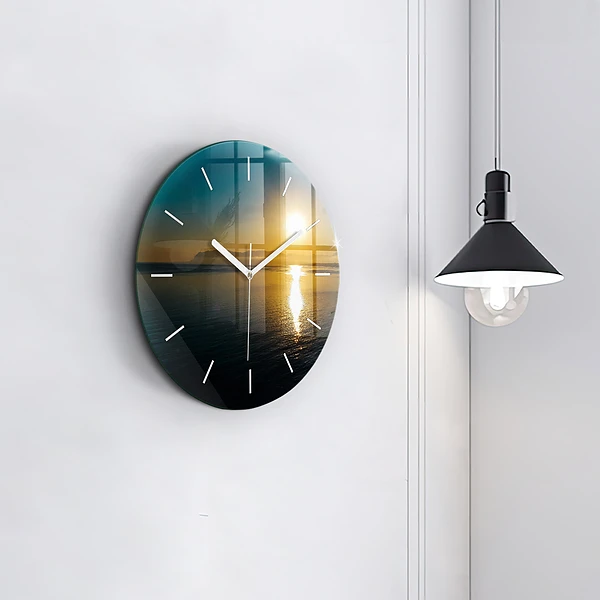 Wanduhr rund mit motiv Landschaft bei Sonnenaufgang