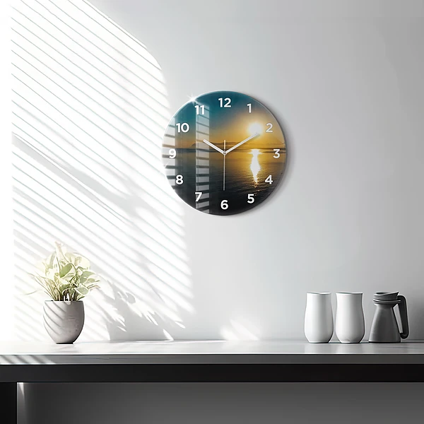 Wanduhr rund mit motiv Landschaft bei Sonnenaufgang