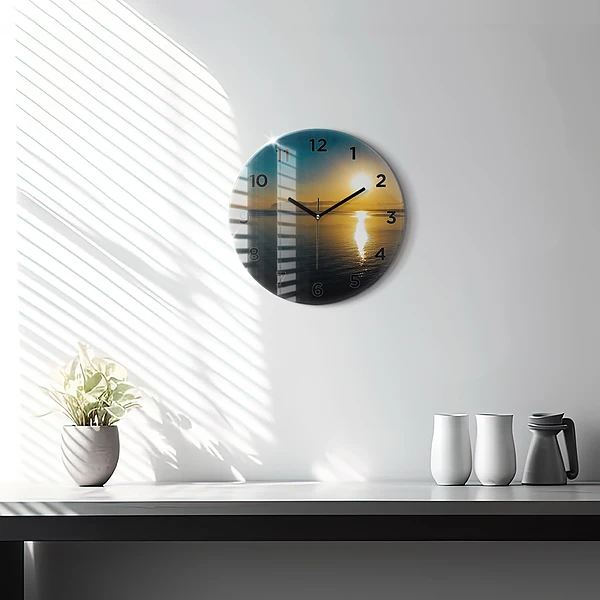 Wanduhr rund mit motiv Landschaft bei Sonnenaufgang