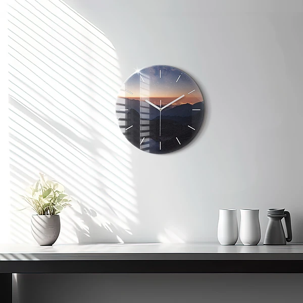 Wanduhr rund mit motiv Berge bei Sonnenuntergang
